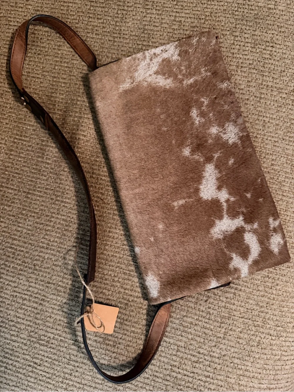Handcrafted Brown and Cream Cowhide Crossbody Bag with Purple Agate Accent